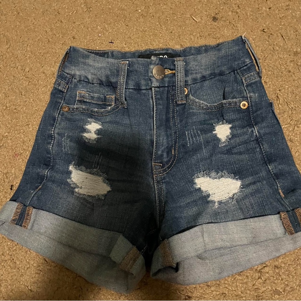 Blue Distressed Jean Shorts with Cuffed Hems